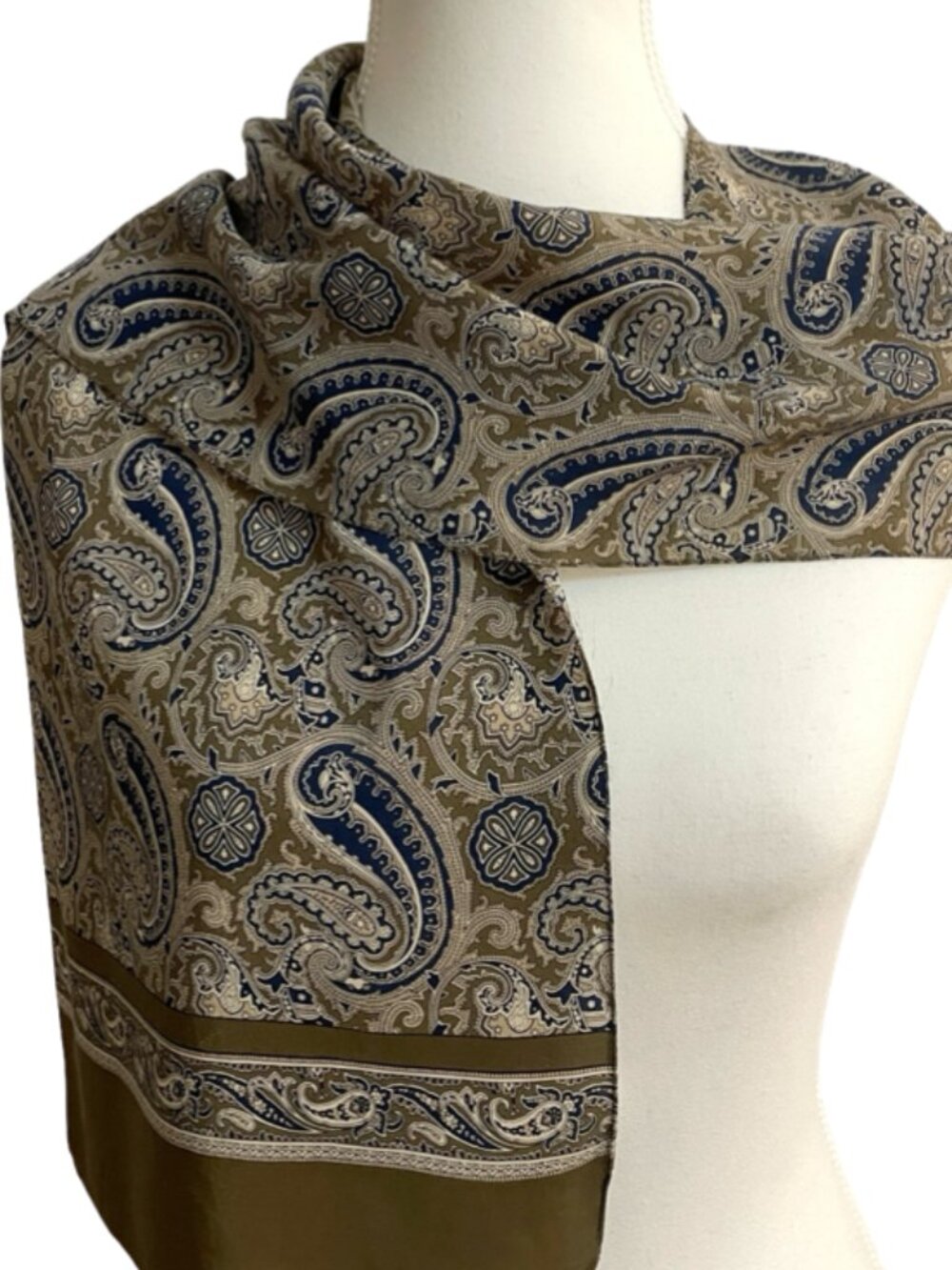 Made in Italy 100% Silk Paisley Oblong Scarf | Navy Blue & Taupe | 52" x 10"